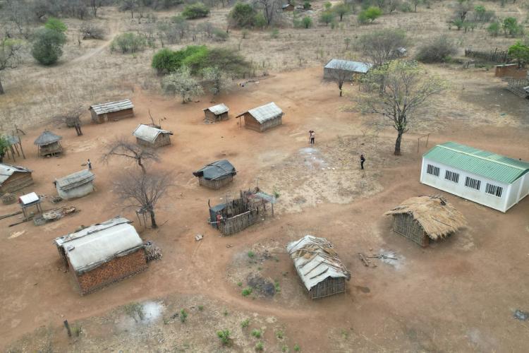 Aerial view of a rural village in a dry landscape in Malawi